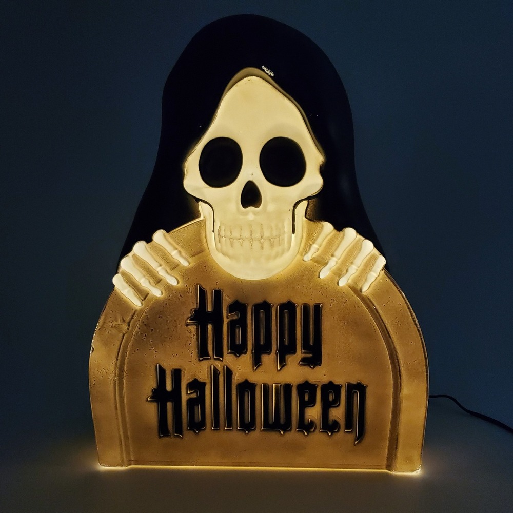 Gemmy Halloween Blow Mold Grim Reaper Skeleton Tombstone Lighted Decor 17"